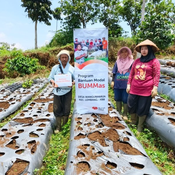 Relawan Rumah Zakat menyerahkan bantuan usaha berupa bibit dan pupuk kepada petani Cibeureum Farm.