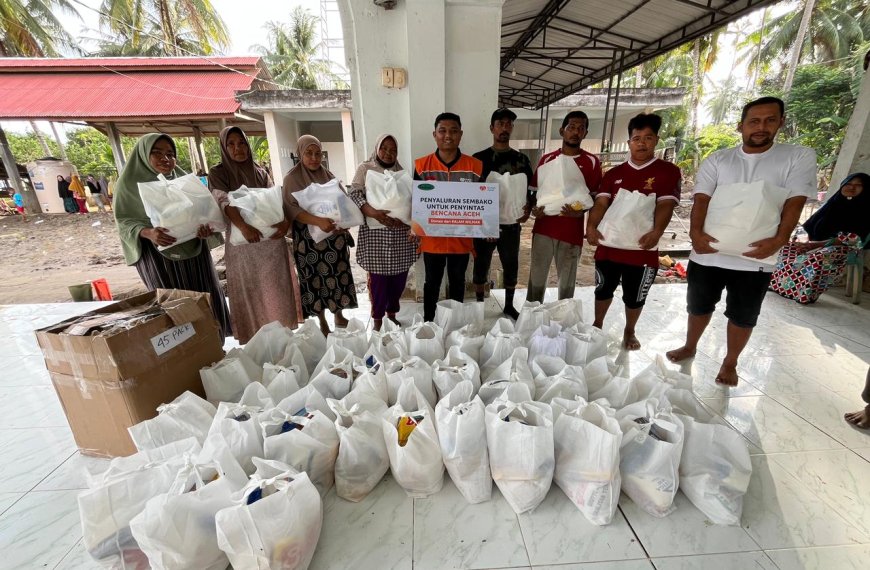 Relawan Rumah Zakat bersama Kalam Wilmar menyalurkan paket sembako kepada warga terdampak banjir di Gampong Pantee, Bireuen