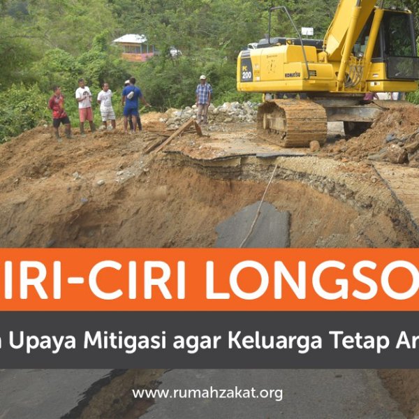 Ilustrasi tanah longsor di area perbukitan dengan pohon miring, retakan tanah, dan material tanah yang mulai bergerak sebagai tanda-tanda awal longsor.