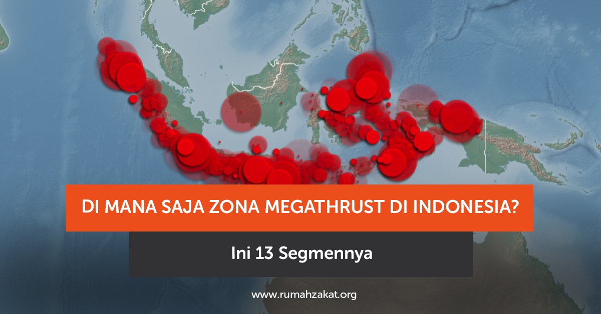Peta zona megathrust di Indonesia dan 13 segmen megathrust
